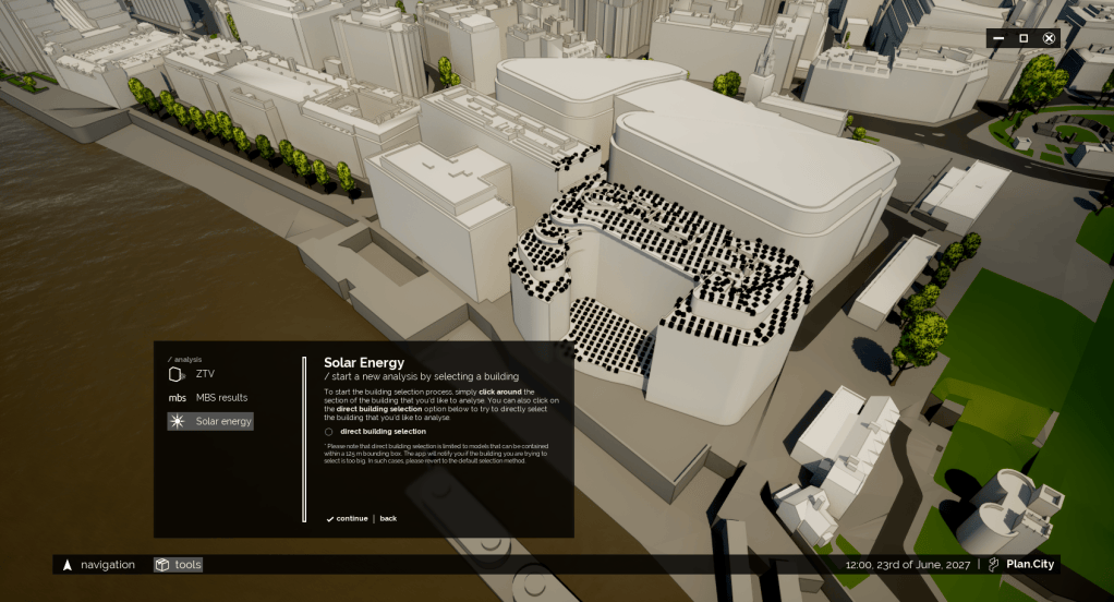 3D model of a cityscape displaying various buildings, with a focus on solar energy analysis. The interface includes instructions for selecting a building to evaluate solar potential.