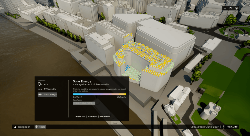 A 3D visualization of a city landscape highlighting various buildings, with an overlay panel displaying solar energy analysis results, including calculated energy values and options for saving the analysis.